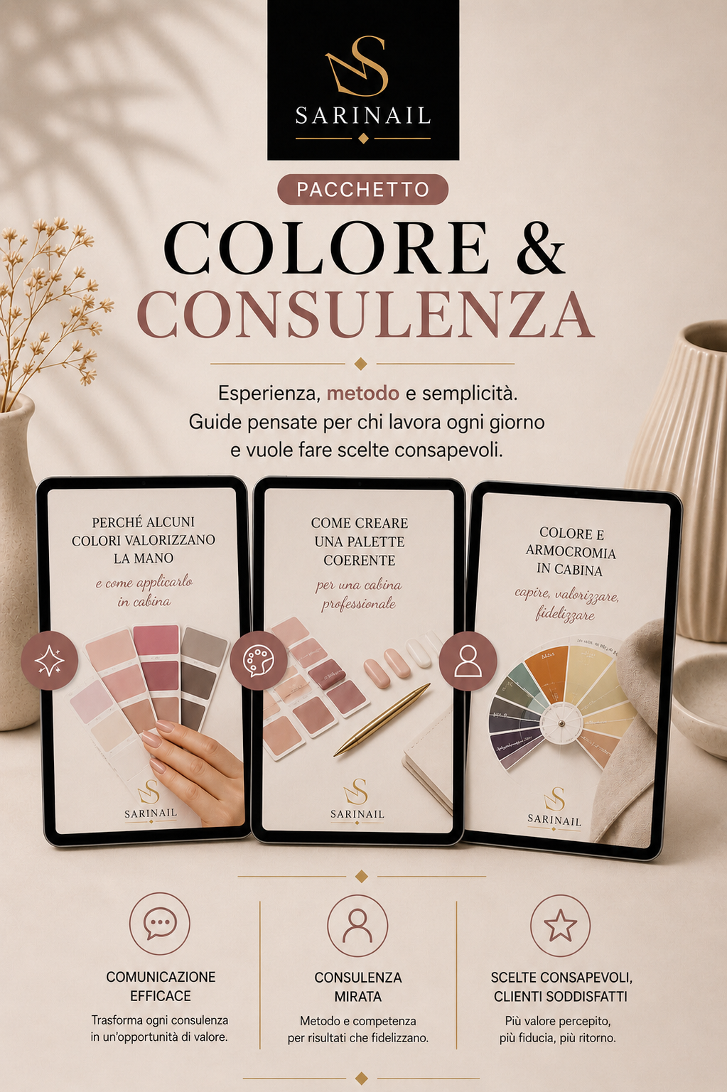 Pacchetto digitale Sarinail: Colore & Consulenza include armocromia, palette coerente e teoria del colore. Metodo professionale per nail artist. 19,90€.
19,90 € EUR